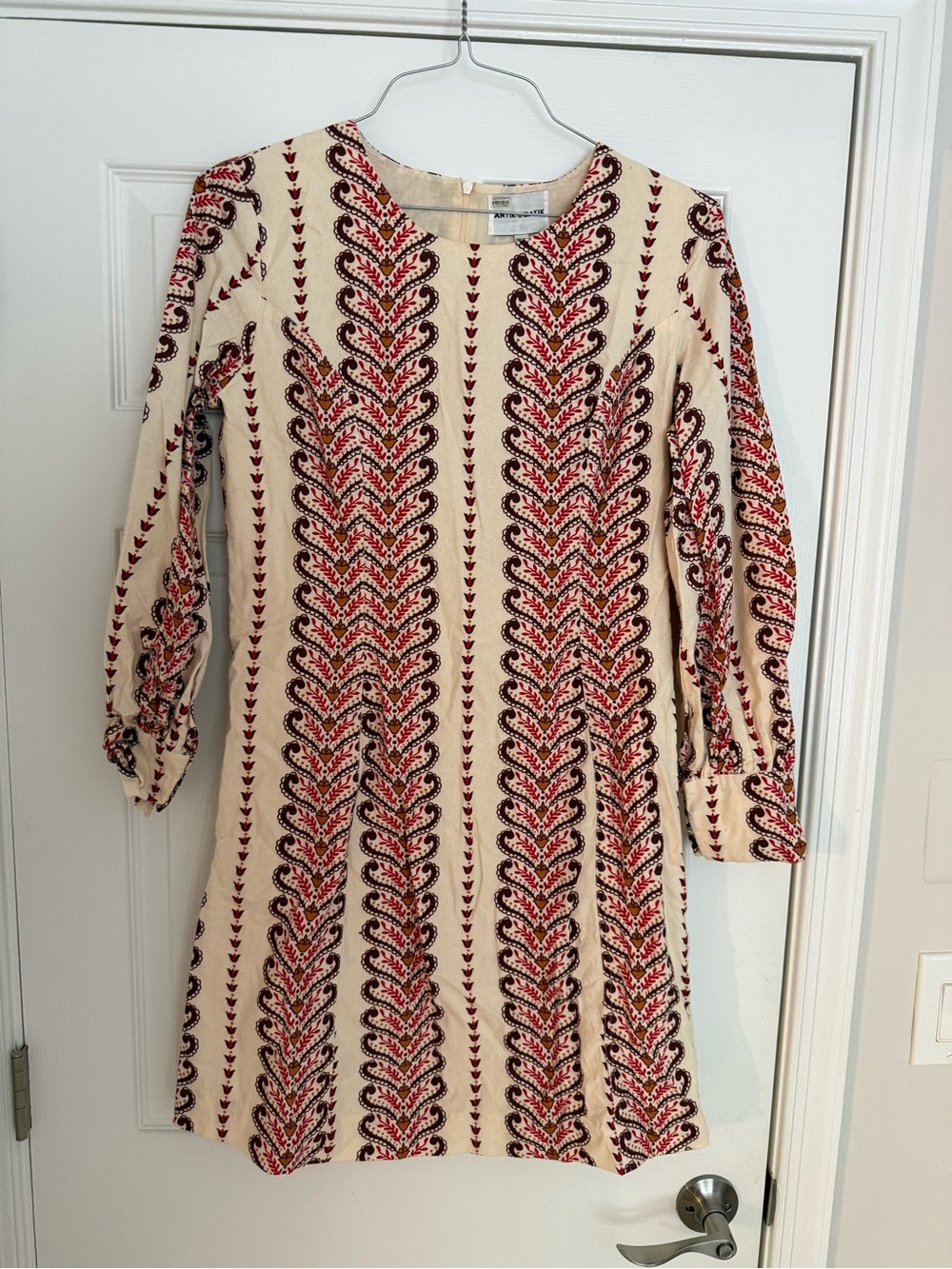 Antik Batik. Cream & Red Patterned Long-Sleeve Dress